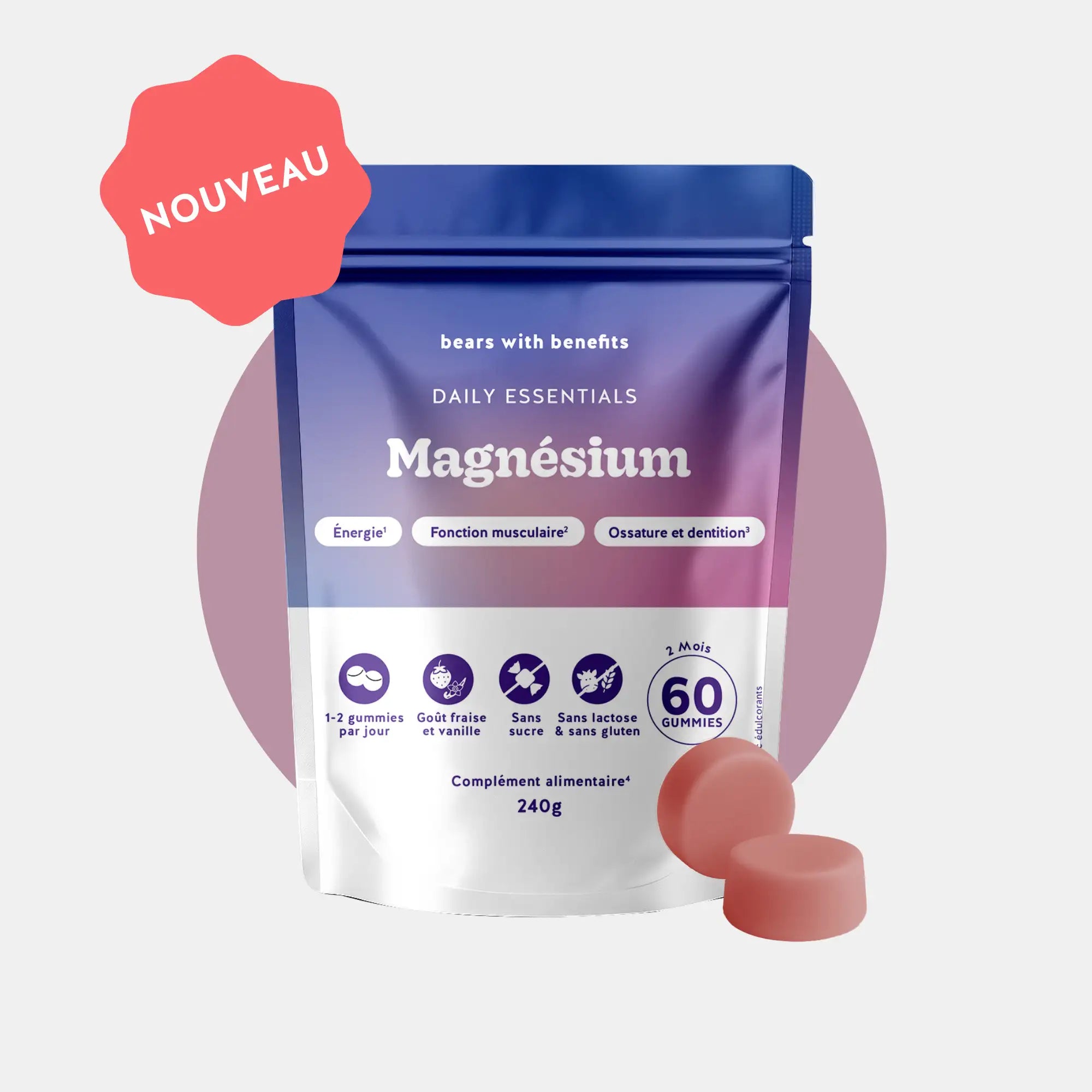 Image produit - sachet de 60 gummies magnésium vegan, sans sucre, goût fraise et vanille l Bears with Benefits