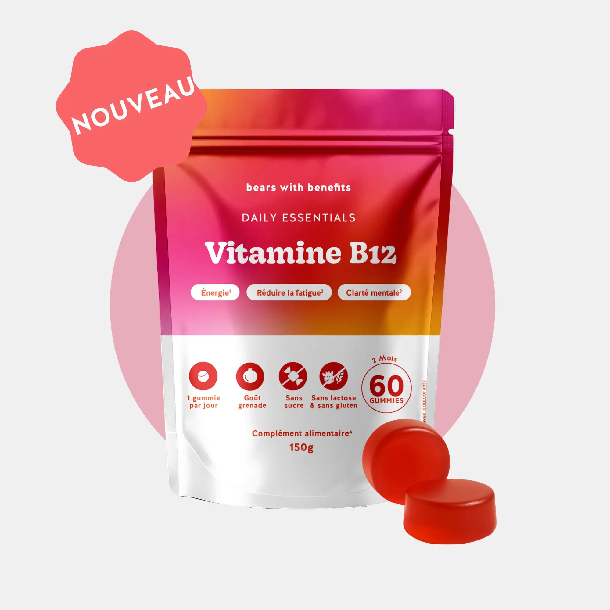 Image produit – sachet de 60 gummies vitamine B12 vegan et sans sucre goût grenade l Bears with Benefits