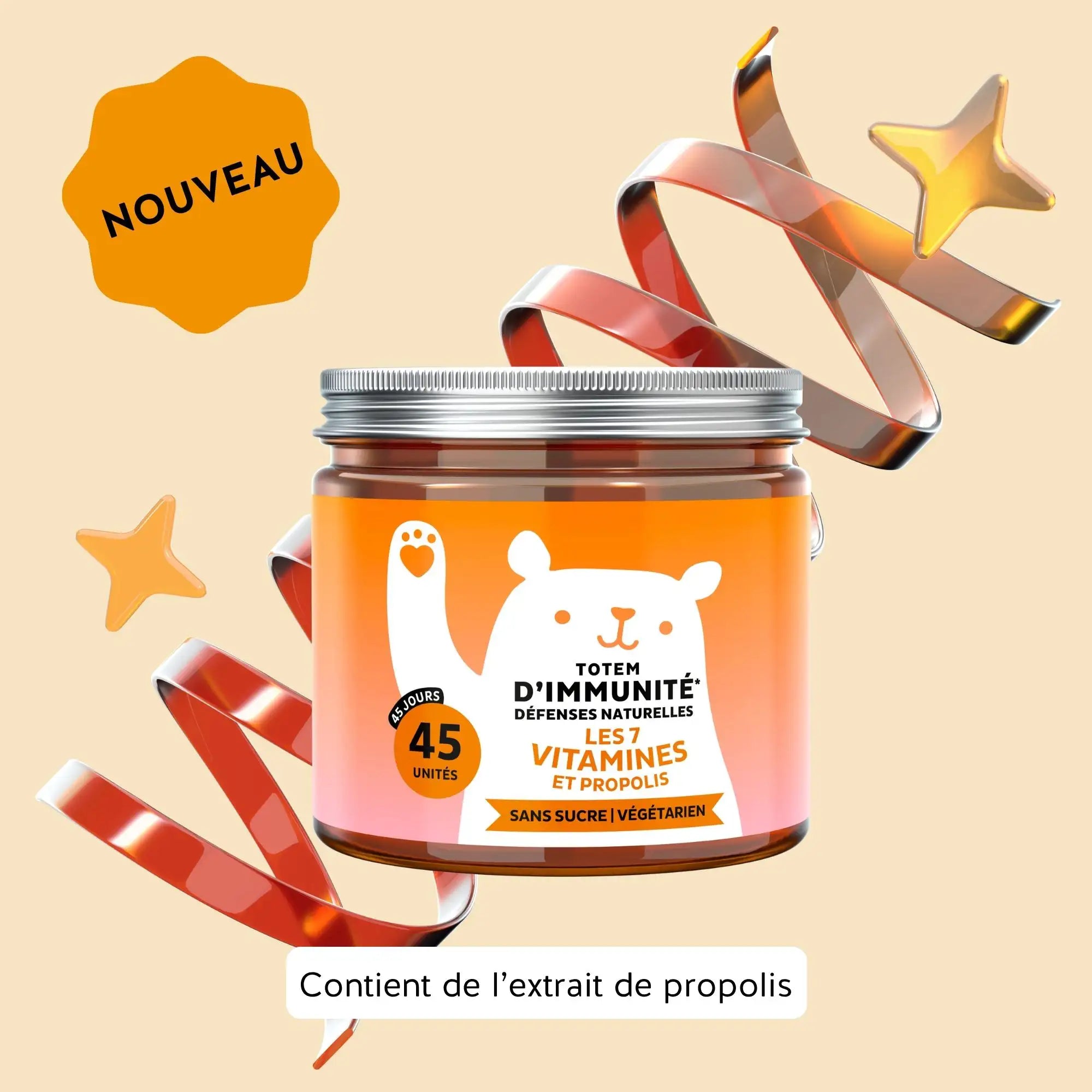 Boîte de 45 gummies Totem Immunité avec 7 vitamines et propolis, complément alimentaire vegan et sans sucre | Bears with Benefits