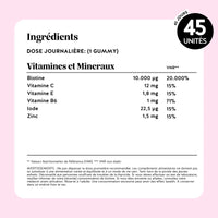 Informations nutritionnelles des gummies Cheveux Sublimes – vitamines et minéraux par dose journalière, valeurs VNR et composition détaillée l Bears with Benefits