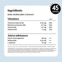 Tableau des ingrédients et valeurs nutritionnelles des gummies ZEN – vitamines B, ashwagandha et L-théanine avec dosages précis par gummy l Bears with Benefits