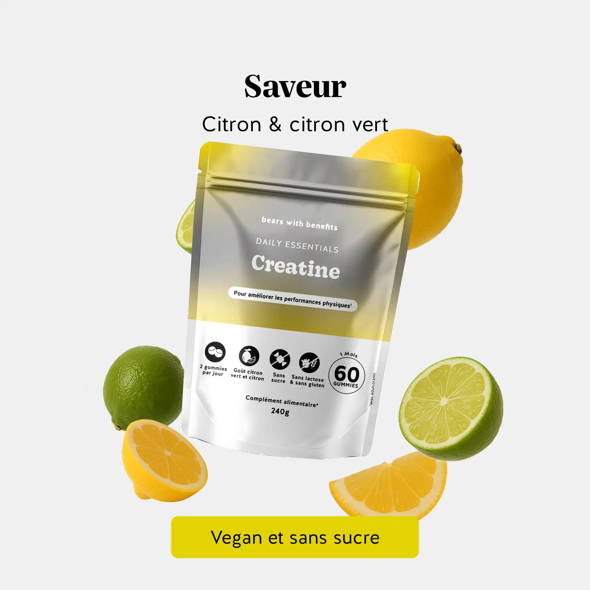 Ingrédients et saveur des gummies créatine - vegan, sans sucre, goût citron et limette l Bears with Benefits