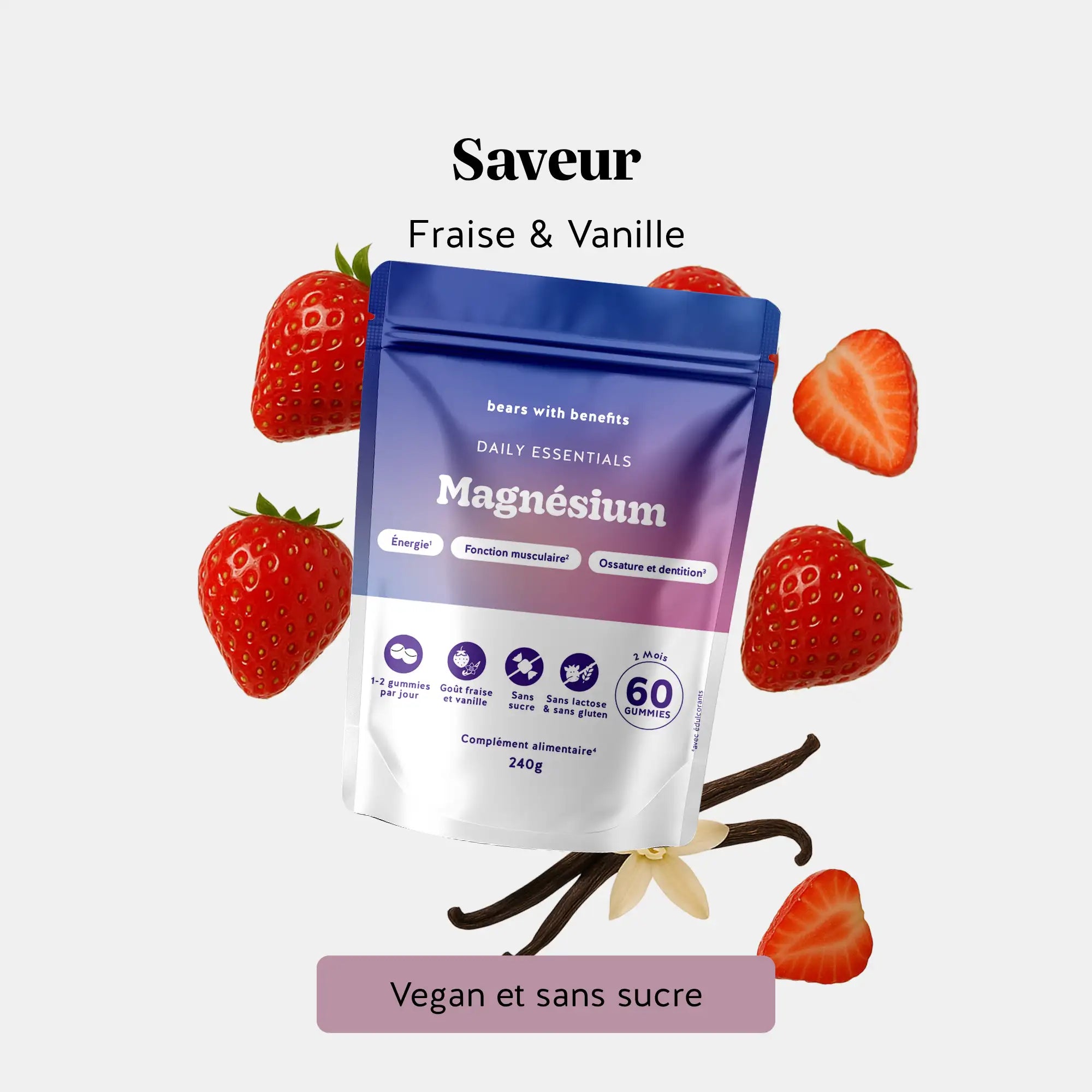 Ingrédients et saveur des gummies magnésium - vegan, sans sucre, goût fraise et vanille l Bears with Benefits
