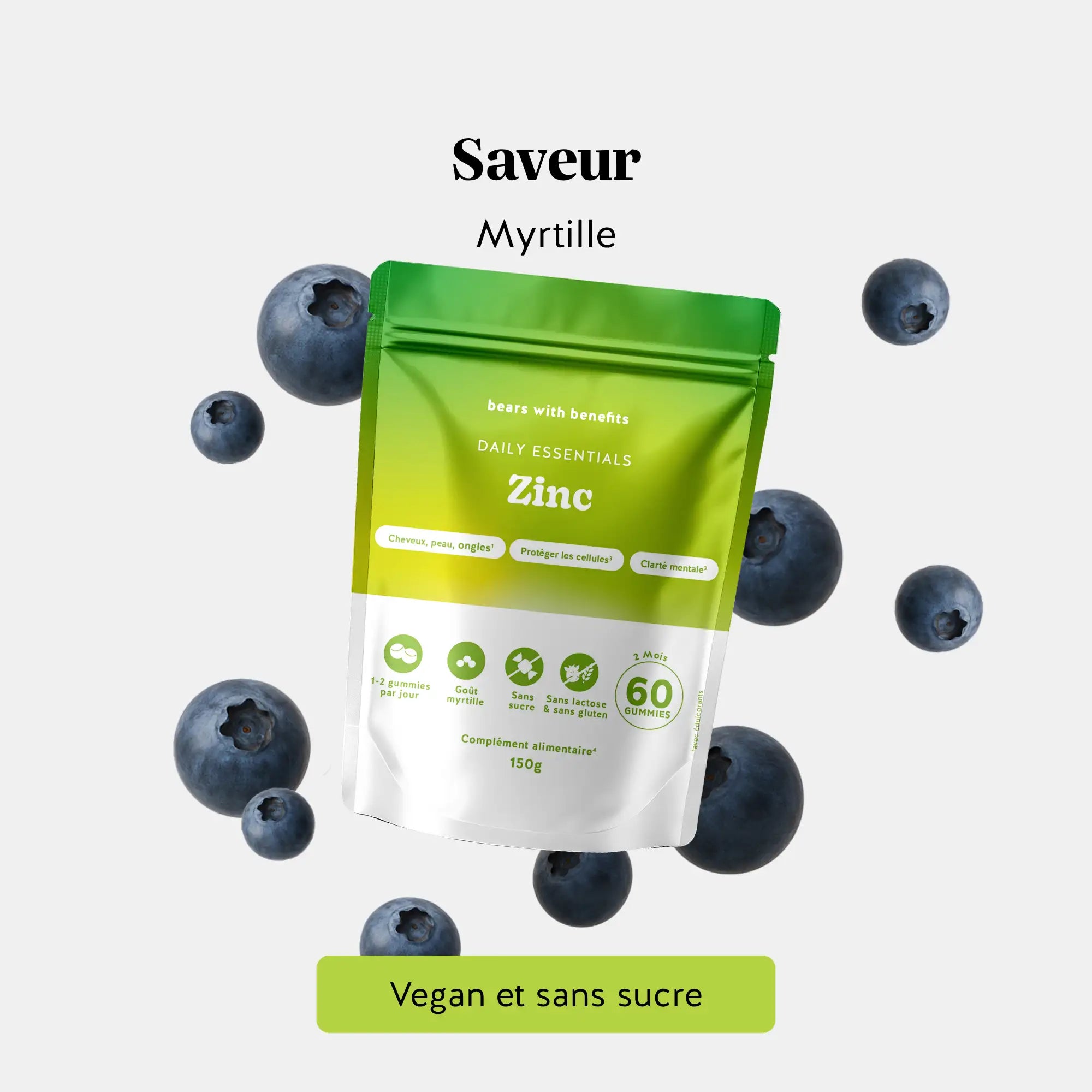 Ingrédients et saveur des gummies zinc - vegan, sans sucre, goût myrtille fruité l Bears with Benefits