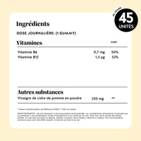 Tableau des ingrédients pour 45 gummies Digestion au vinaigre de cidre – vitamine B6, vitamine B12 et 250 mg de vinaigre de cidre en poudre | Bears with Benefits
