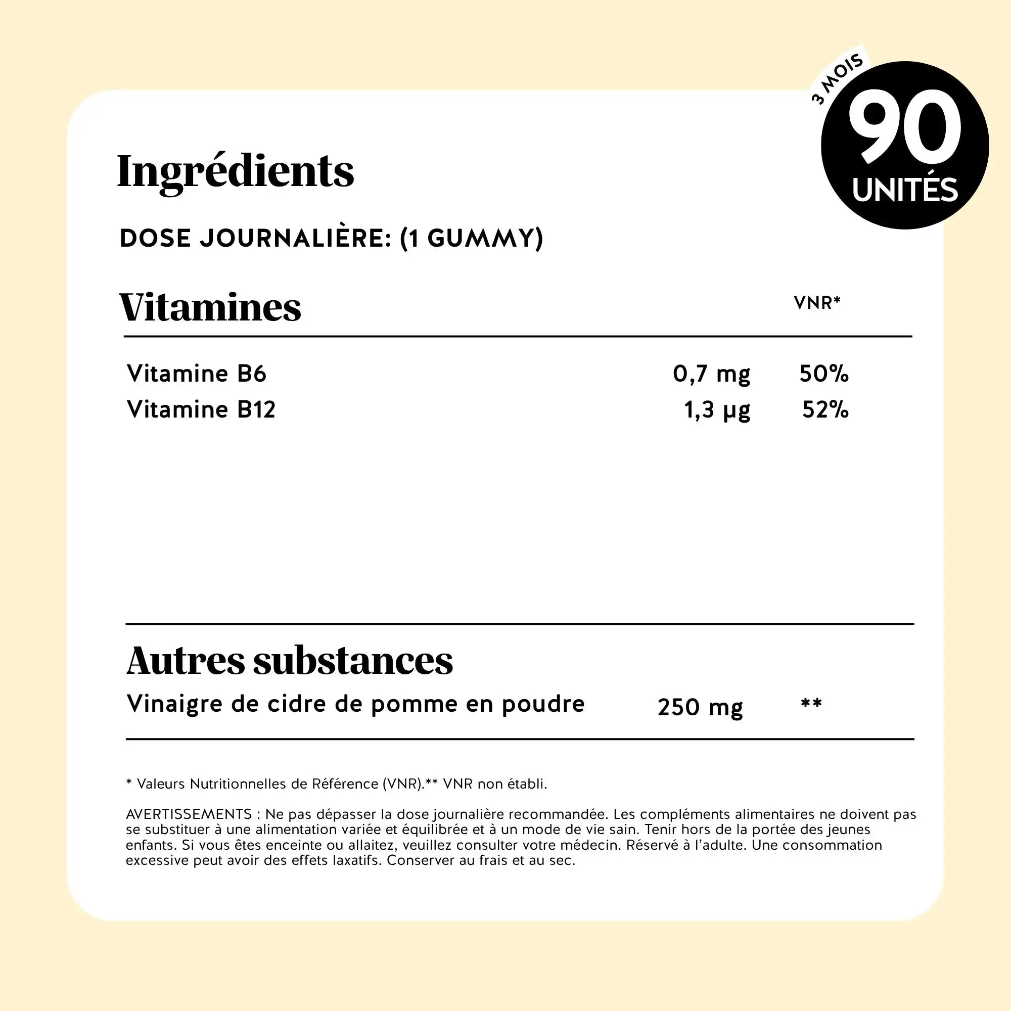Tableau des ingrédients pour 90 gummies Digestion au vinaigre de cidre – vitamine B6, vitamine B12 et 250 mg de vinaigre de cidre en poudre | Bears with Benefits