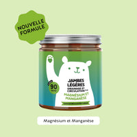 Bears with Benefits : Jambes Légères Drainage et Circulation avec vitamine C, magnésium, manganèse, ortie, ginkgo et vigne rouge, image d’une boîte de 90 gummies avec la mention « Nouvelle formule ».