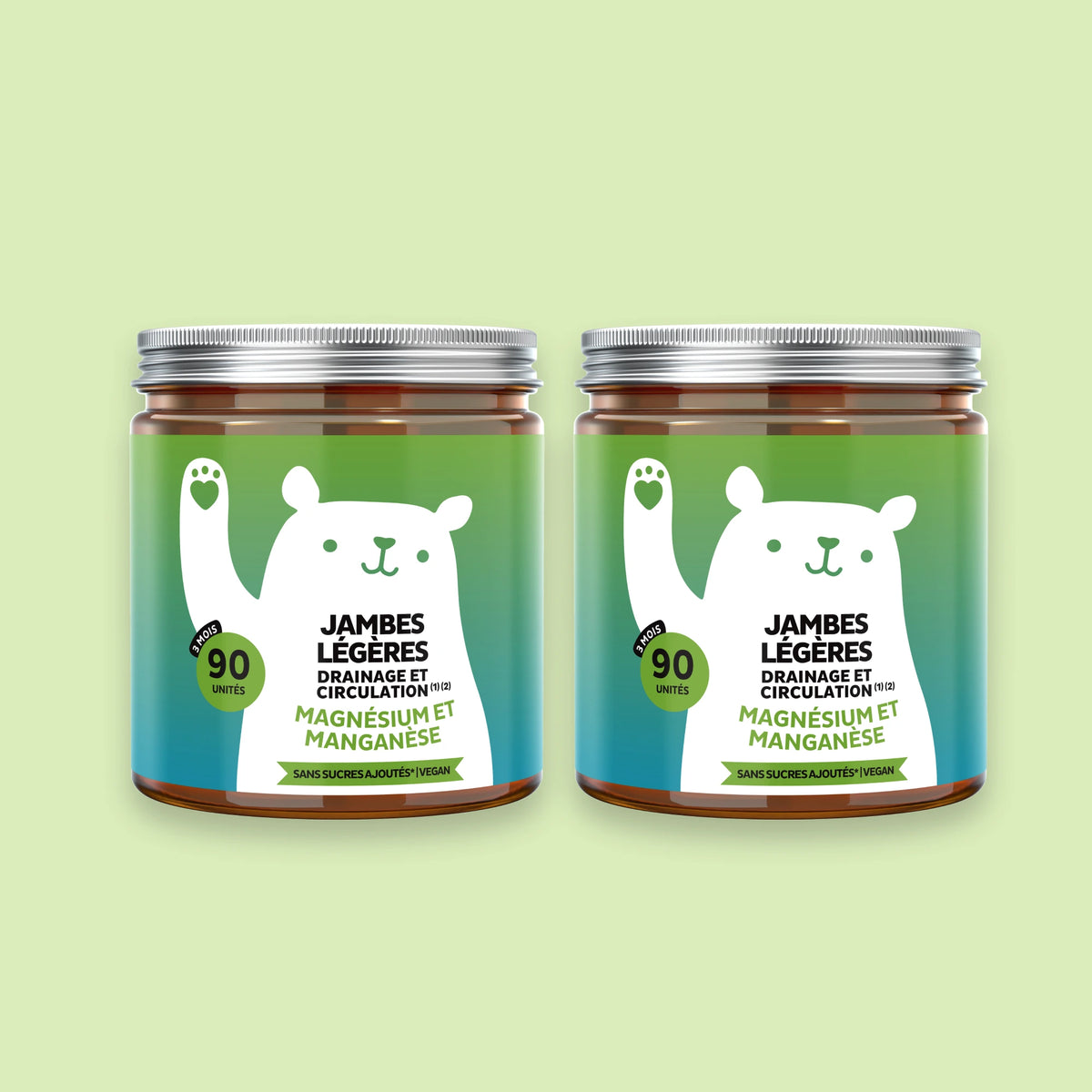 Bears with Benefits : image de deux boîtes de 90 gummies Jambes Légères Drainage et Circulation avec vitamine C, magnésium, manganèse, ortie, ginkgo et vigne rouge.