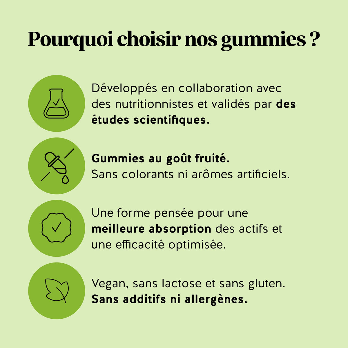 Bears with Benefits : infographie « Pourquoi choisir nos gummies ? » présentant les avantages des gummies Jambes Légères Drainage et Circulation.