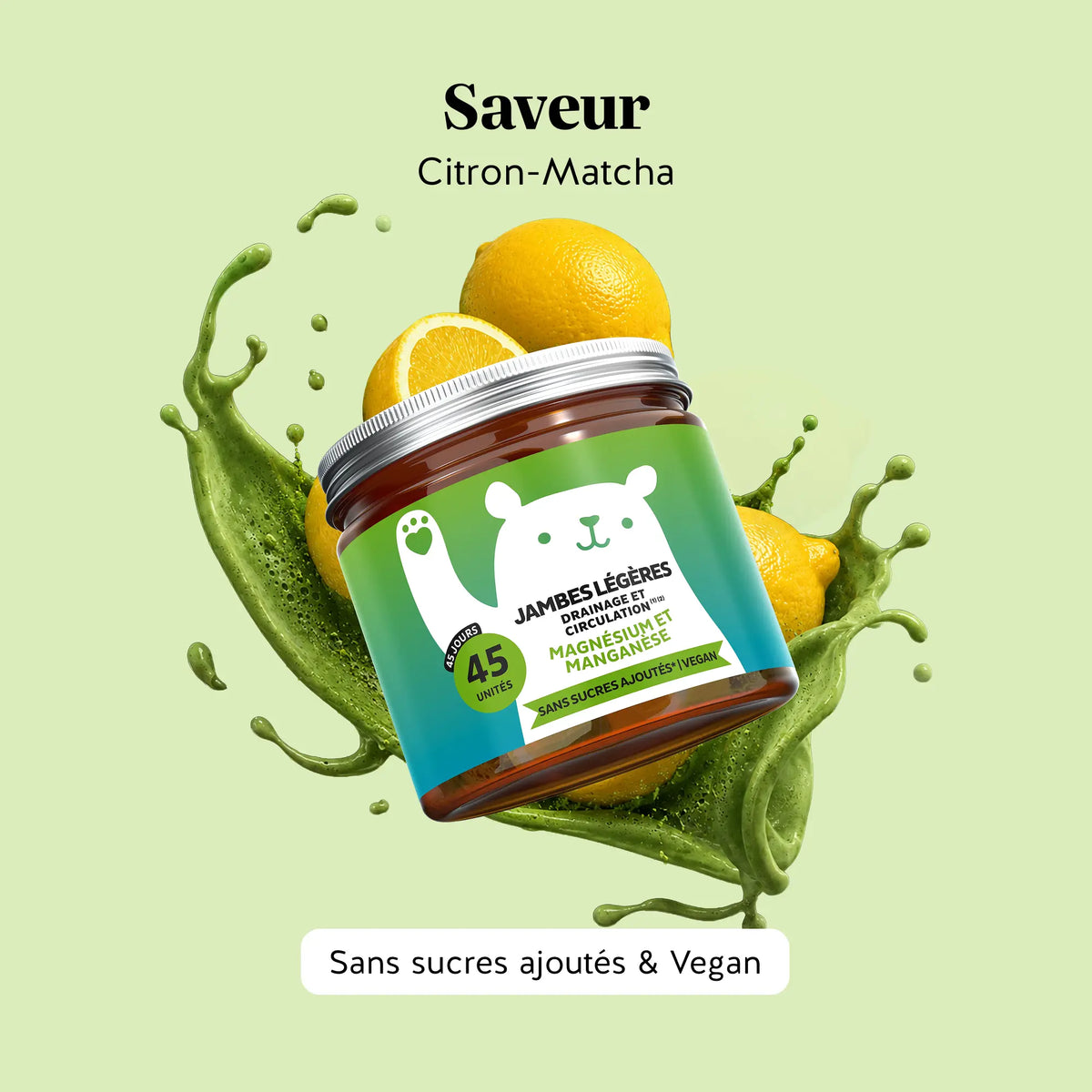Bears with Benefits : Jambes Légères Drainage et Circulation avec vitamine C, magnésium, manganèse, image d’une boîte de 45 gummies saveur citron et thé vert.