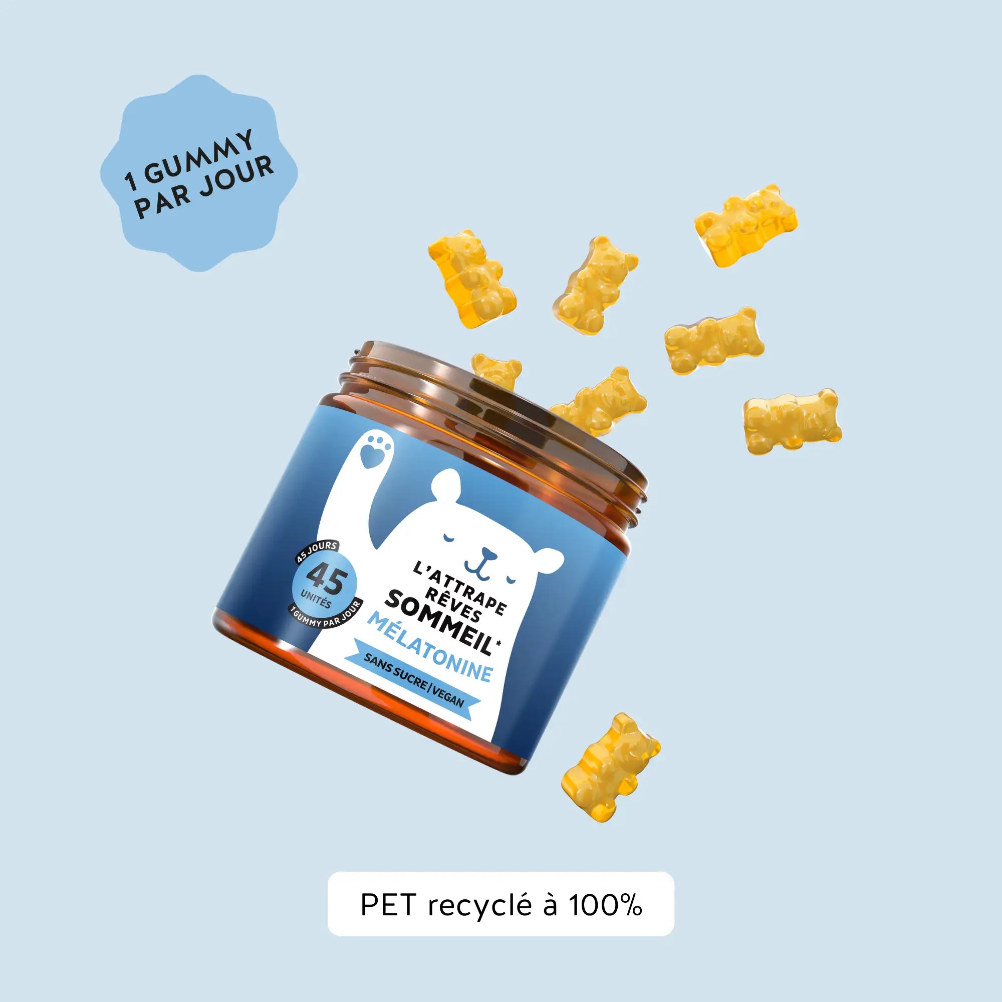 Boîte de 45 gummies L’attrape-rêves Sommeil avec recommandation d’un gummy par jour, formule à la mélatonine et vitamine B6 pour favoriser l’endormissement l Bears with Benefits.