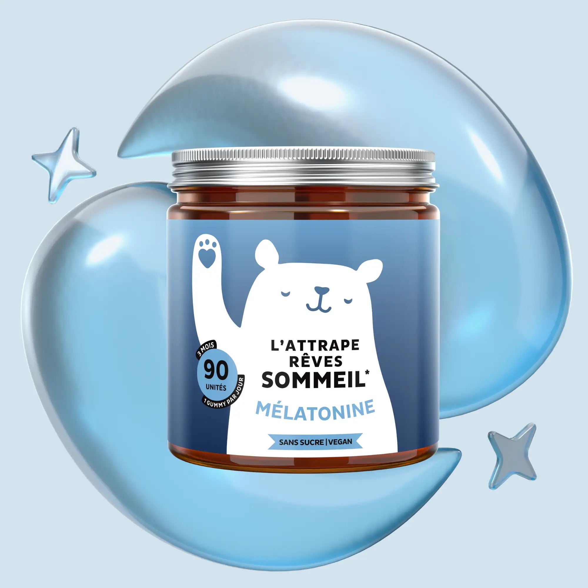 Boîte de gummies L’attrape-rêves Sommeil à la mélatonine et vitamine B6, sans sucre et vegan, format 90 unités pour favoriser l’endormissement l Bears with Benefits.