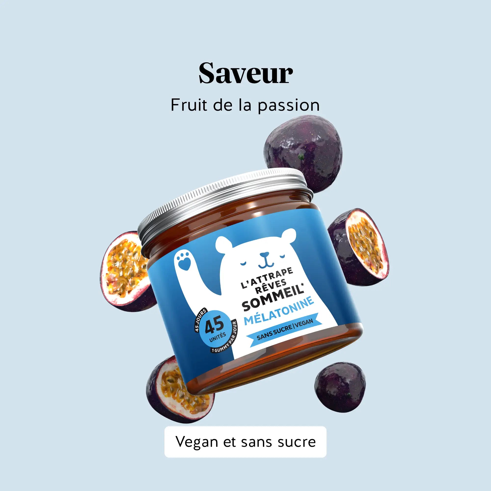 Boîte de 45 gummies L’attrape-rêves Sommeil saveur fruit de la passion, sans sucre, avec mélatonine et vitamine B6 pour favoriser l’endormissement l Bears with Benefits.