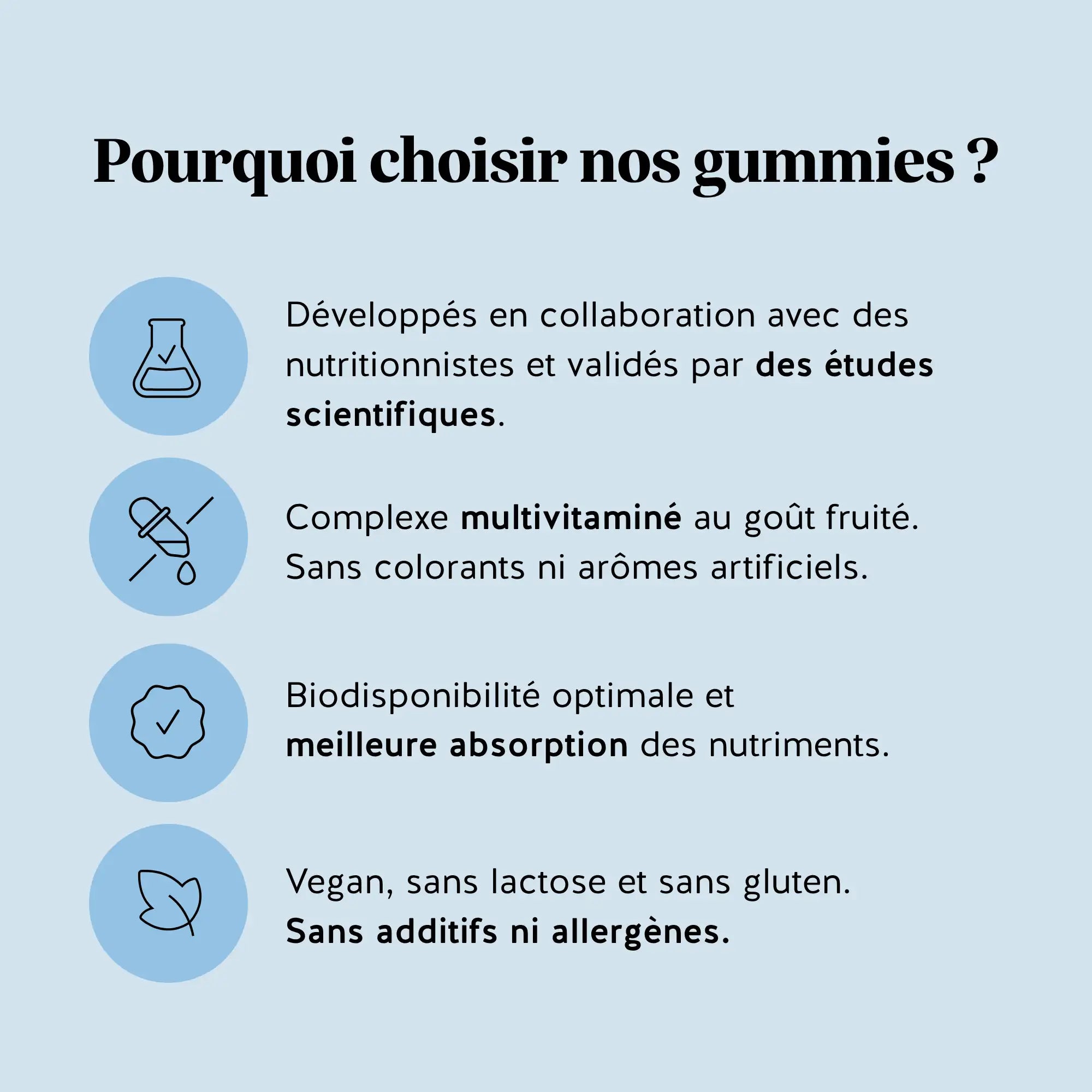 Infographie présentant les atouts des gummies L’attrape-rêves Sommeil à la mélatonine et vitamine B6, sans sucre, vegan et agréable à consommer l Bears with Benefits.