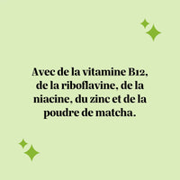Texte présentant les gummies Matcha Métabolisme & Énergie avec poudre de matcha, vitamines B et zinc pour le métabolisme énergétique. l Bears with Benefits