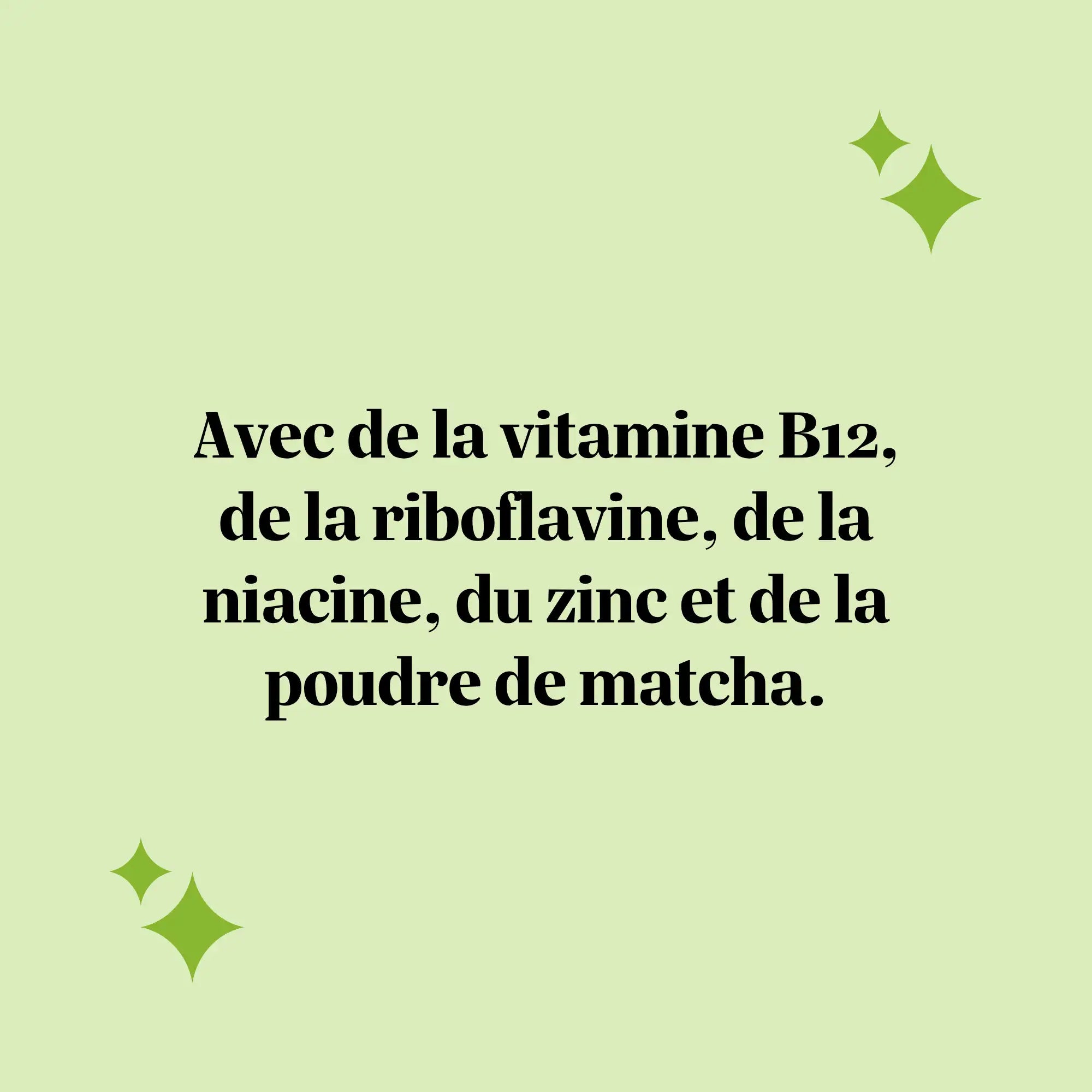Texte présentant les gummies Matcha Métabolisme & Énergie avec poudre de matcha, vitamines B et zinc pour le métabolisme énergétique. l Bears with Benefits