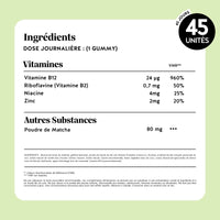 Tableau nutritionnel des gummies Matcha Métabolisme & Énergie 45 unités avec poudre de matcha 80 mg, vitamines B et zinc pour l’énergie l Bears with Benefits.
