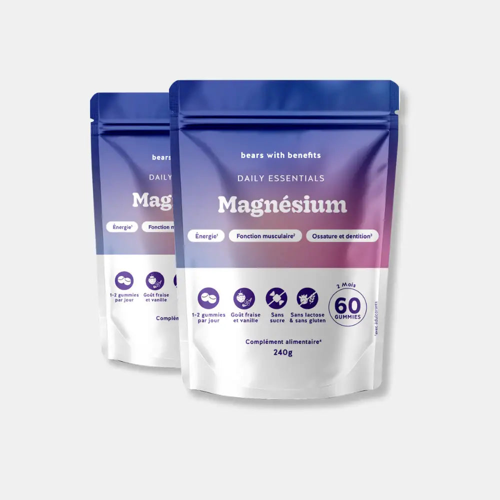 Pack de 2 sachets Magnésium Daily Essentials - 60 gummies goût fraise et vanille, vegan et sans sucre l Bears with Benefits