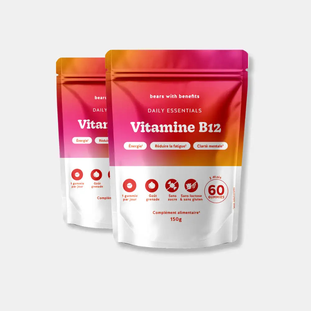 Pack de 2 sachets Vitamine B12 Daily Essentials - 60 gummies goût grenade, vegan et sans sucre l Bears with Benefits