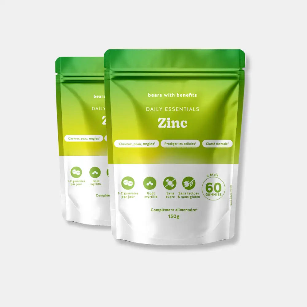 Pack de 2 sachets Zinc Daily Essentials - 60 gummies goût myrtille, vegan et sans sucre l Bears with Benefits