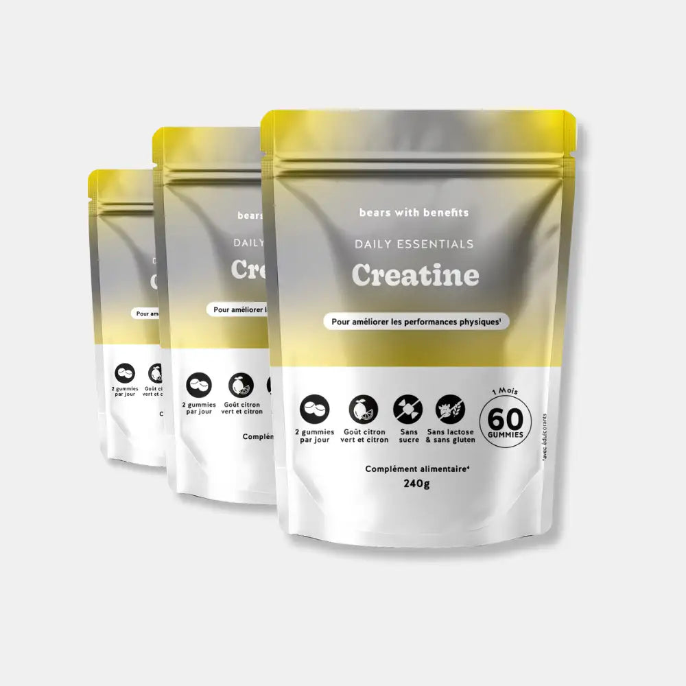 Pack de 3 sachets Créatine Daily Essentials - 60 gummies goût citron vert et lime, vegan et sans sucre l Bears with Benefits