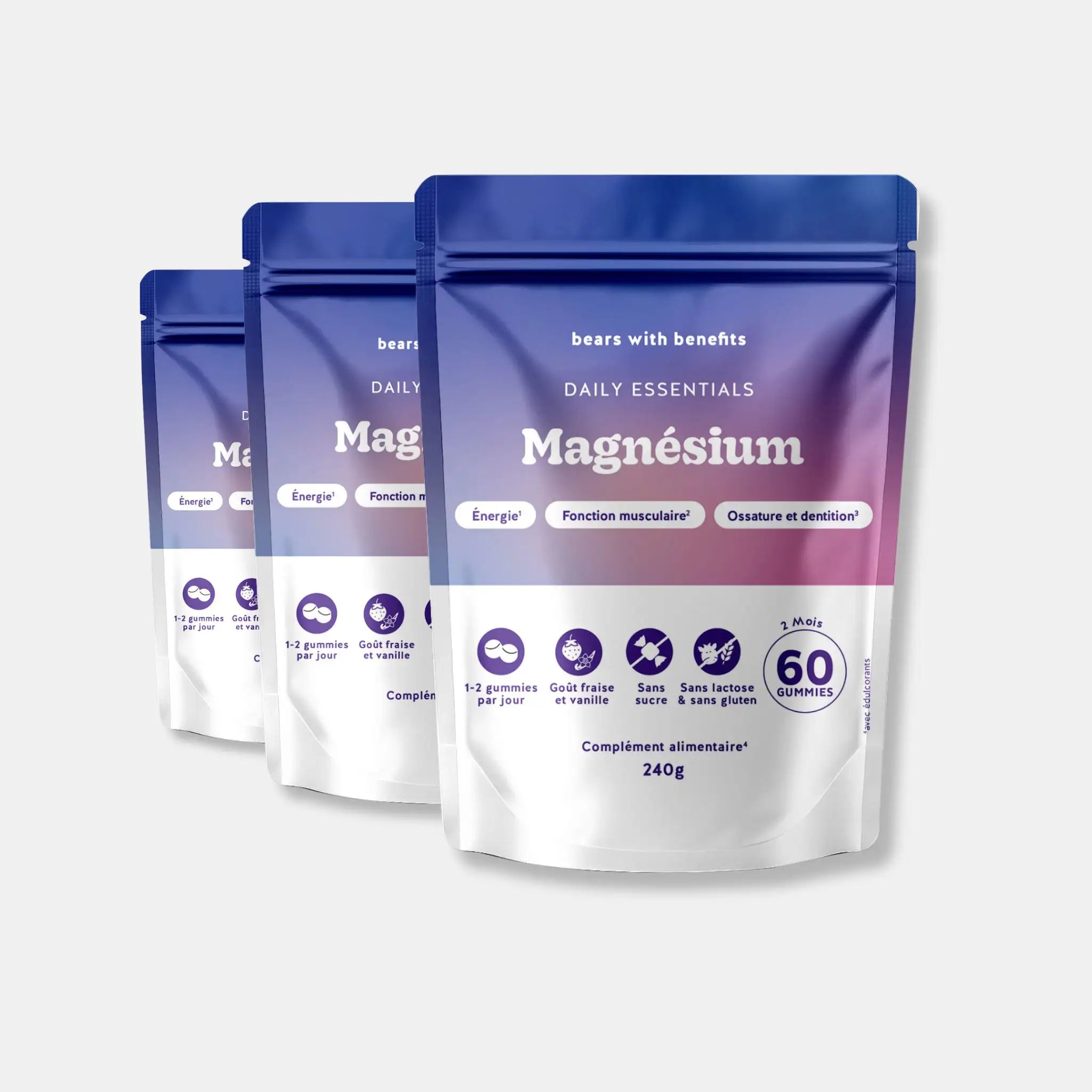 Pack de 3 sachets Magnésium Daily Essentials - 60 gummies goût fraise et vanille, vegan et sans sucre l Bears with Benefits