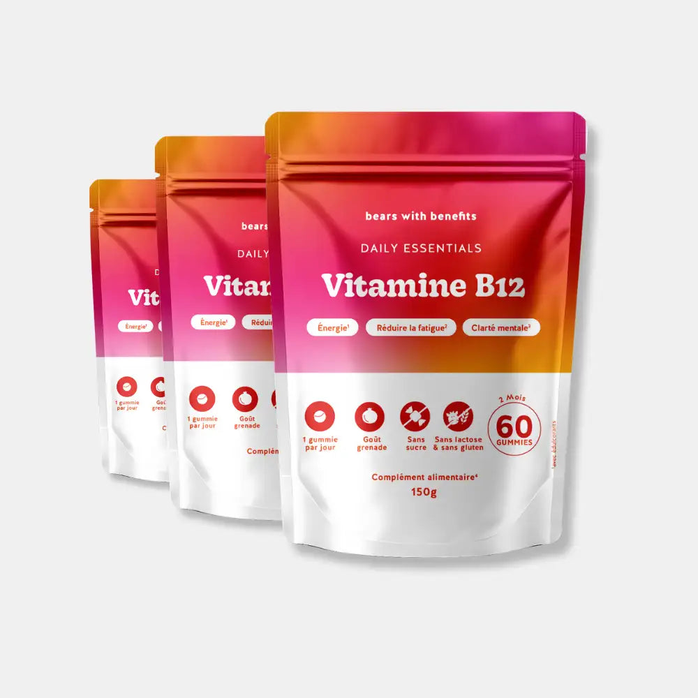 Pack de 3 sachets Vitamine B12 Daily Essentials - 60 gummies goût grenade, vegan et sans sucre l Bears with Benefits