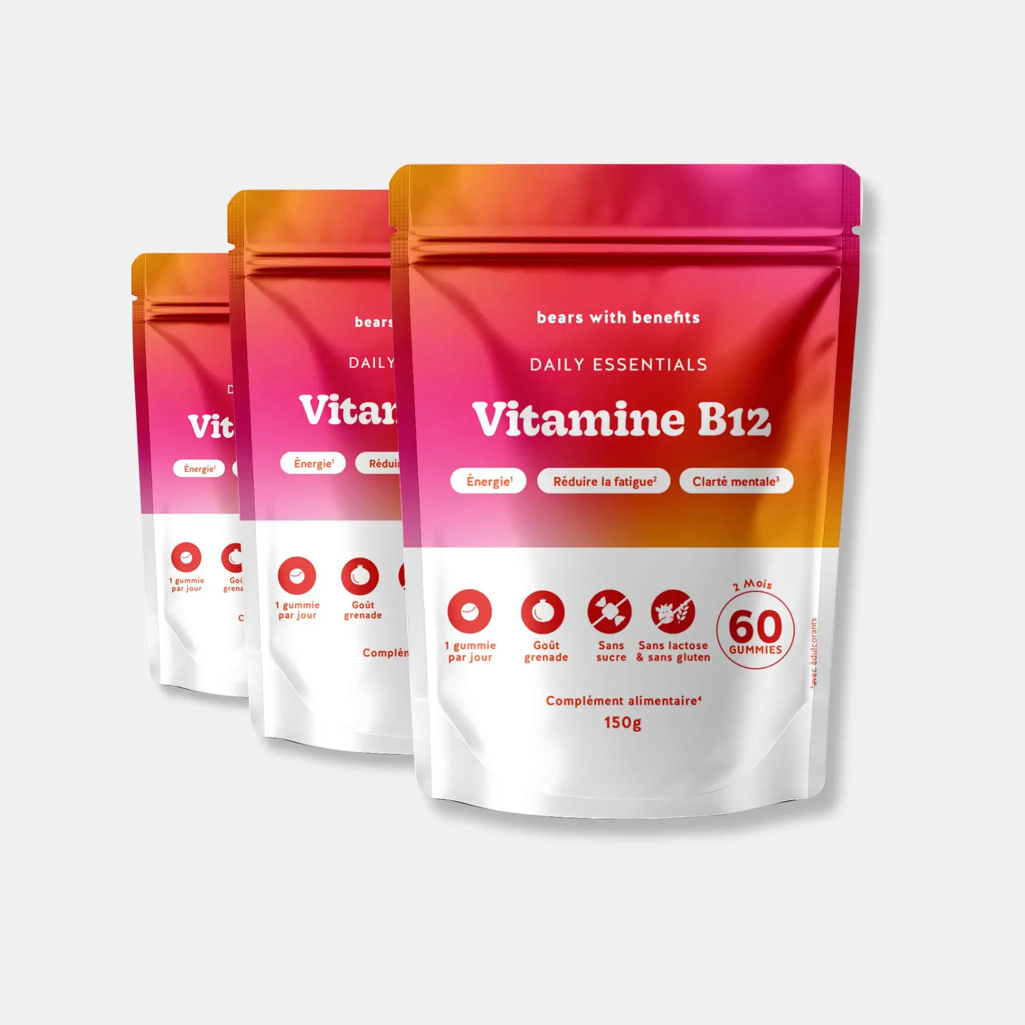 Pack de 3 sachets Vitamine B12 Daily Essentials - 60 gummies goût grenade, vegan et sans sucre l Bears with Benefits