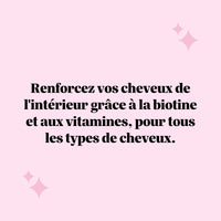 Texte informatif sur fond rose mettant en avant les bienfaits de la biotine et des vitamines pour renforcer les cheveux de l’intérieur, adapté à tous les types de cheveux l Bears with Benefits