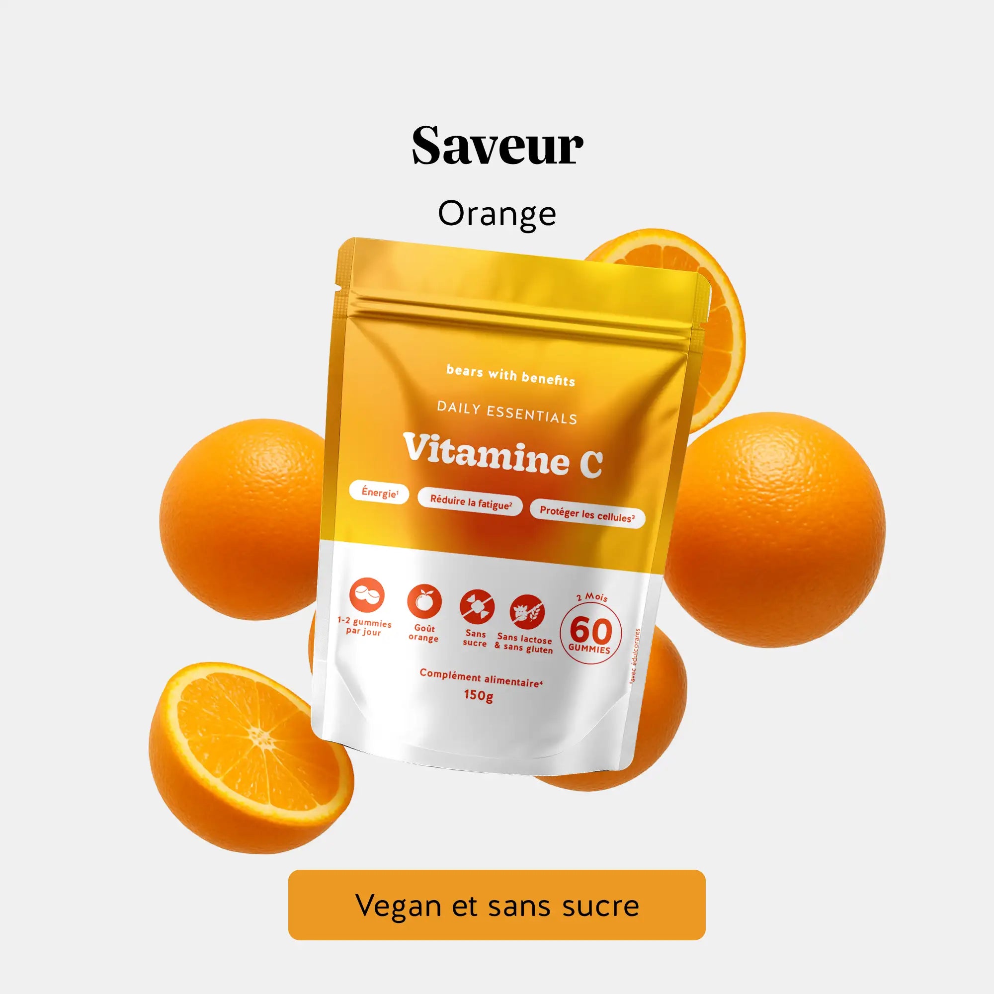 Saveur des gummies vitamine C - vegan, sans sucre, goût orange fruité. l Bears with Benefits