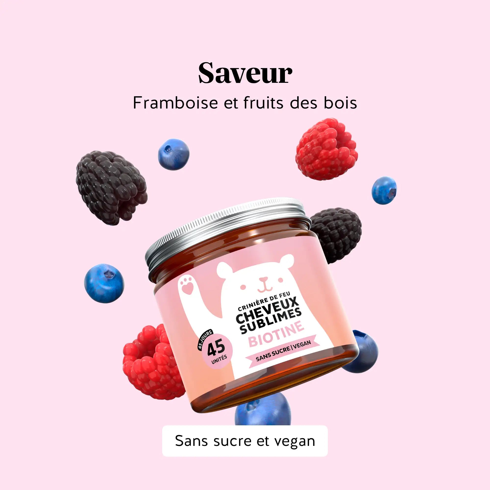 Saveur framboise et fruits des bois – gummies Cheveux Sublimes à la biotine, goût fruité naturel, sans sucre et vegan pour une prise plaisir l Bears with Benefits