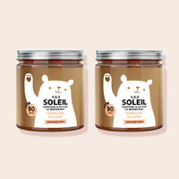 Deux boîtes de gummies Soleil Bears with Benefits complexe solaire, format 90 unités, présentées côte à côte sur fond beige, complément alimentaire pour préparer et activer le bronzage, vegan et sans sucre.