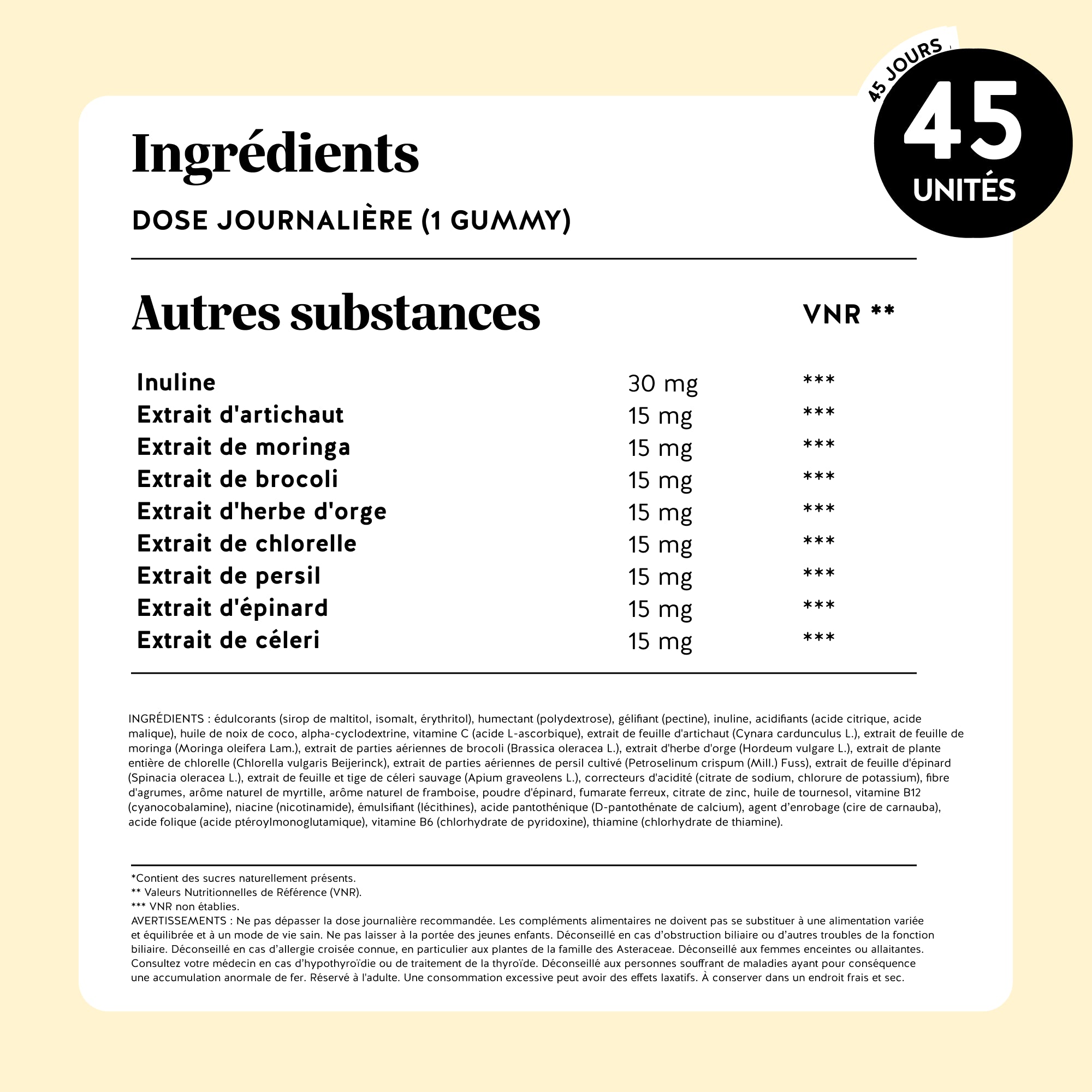 Bears with Benefits Super Greens Detox – Tableau complet avec ingrédients actifs, vitamines B6, B12, C, fer, zinc, 8 extraits de plantes vertes et valeurs nutritionnelles détaillées.