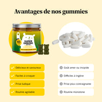 Bears with Benefits Super Greens Detox – Gummies vegan saveur myrtille-framboise aux plantes vertes pour une supplémentation quotidienne pratique et gourmande, plus facile à prendre que les gélules ou comprimés.
