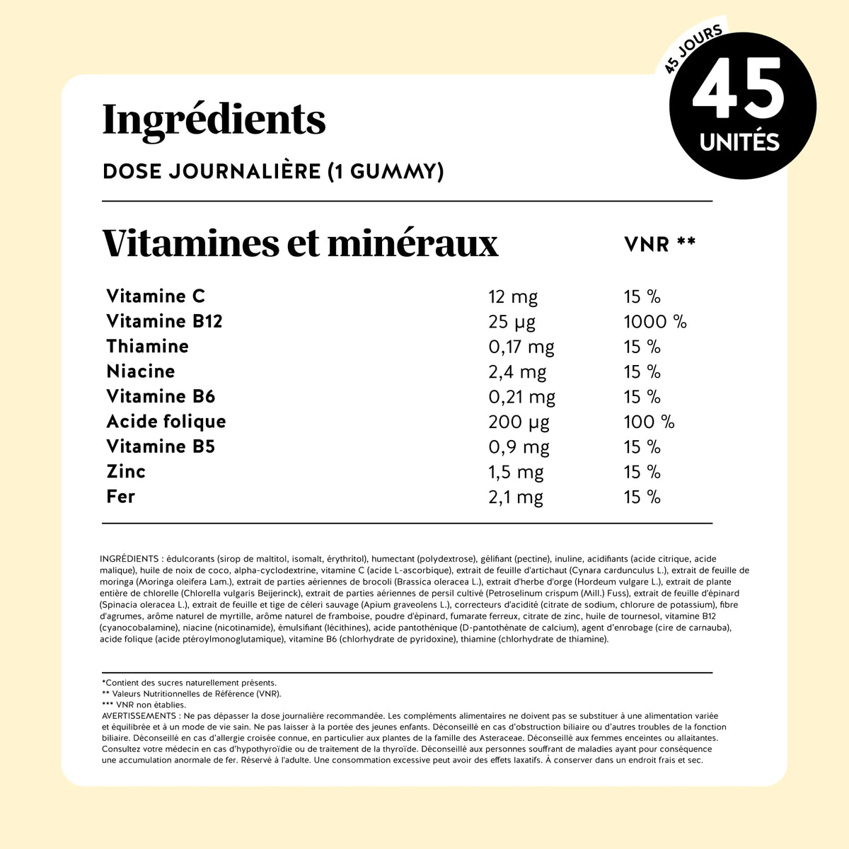 Bears with Benefits Super Greens Detox – Tableau complet avec ingrédients actifs, vitamines B6, B12, C, fer, zinc, 8 extraits de plantes vertes et valeurs nutritionnelles détaillées.