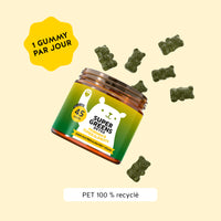 Bears with Benefits Super Greens Detox – Gummies vegan aux 8 plantes vertes et vitamines B, avec une prise recommandée d'1 gummy par jour pour soutenir l'énergie et réduire la fatigue. Format de 45 gummies saveur myrtille-framboise.
