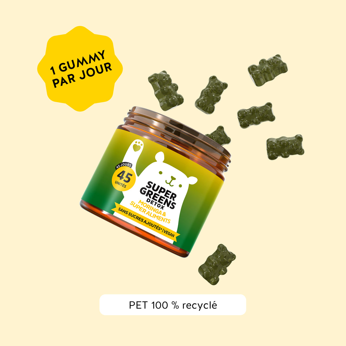 Bears with Benefits Super Greens Detox – Gummies vegan aux 8 plantes vertes et vitamines B, avec une prise recommandée d'1 gummy par jour pour soutenir l'énergie et réduire la fatigue. Format de 45 gummies saveur myrtille-framboise.