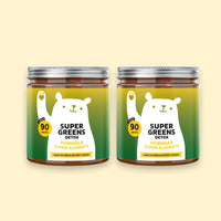 Bears with Benefits Super Greens Detox – Pack avantageux avec 2 pots de gummies vegan aux plantes vertes, vitamines B, fer et zinc. 180 gummies saveur myrtille-framboise pour un soutien prolongé de l'énergie et de la vitalité.