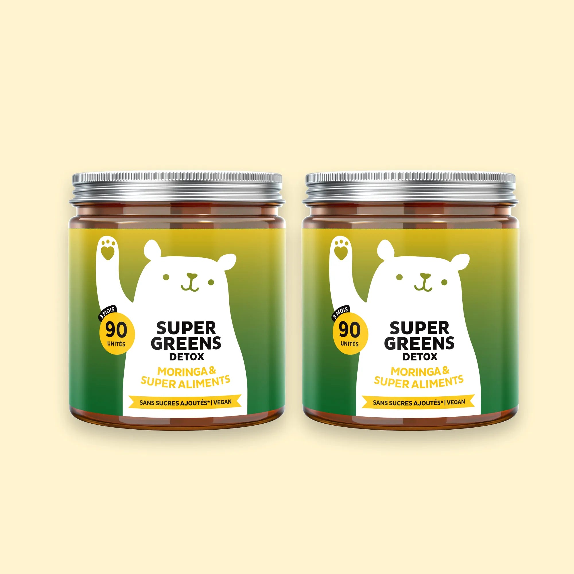 Bears with Benefits Super Greens Detox – Pack avantageux avec 2 pots de gummies vegan aux plantes vertes, vitamines B, fer et zinc. 180 gummies saveur myrtille-framboise pour un soutien prolongé de l'énergie et de la vitalité.