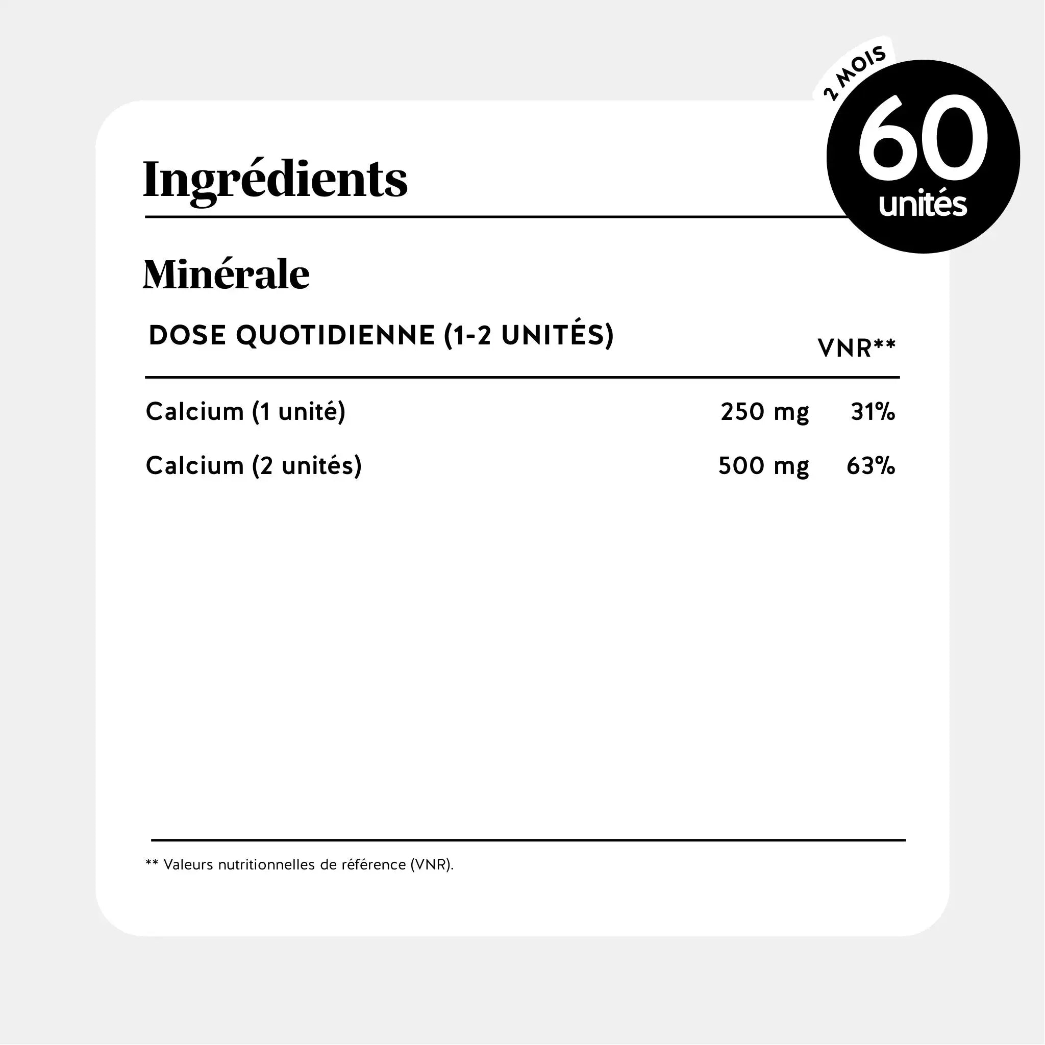 Tableau des ingrédients et apports nutritionnels des gummies calcium - 250 mg par unité, 60 gummies par sachet l Bears with Benefits