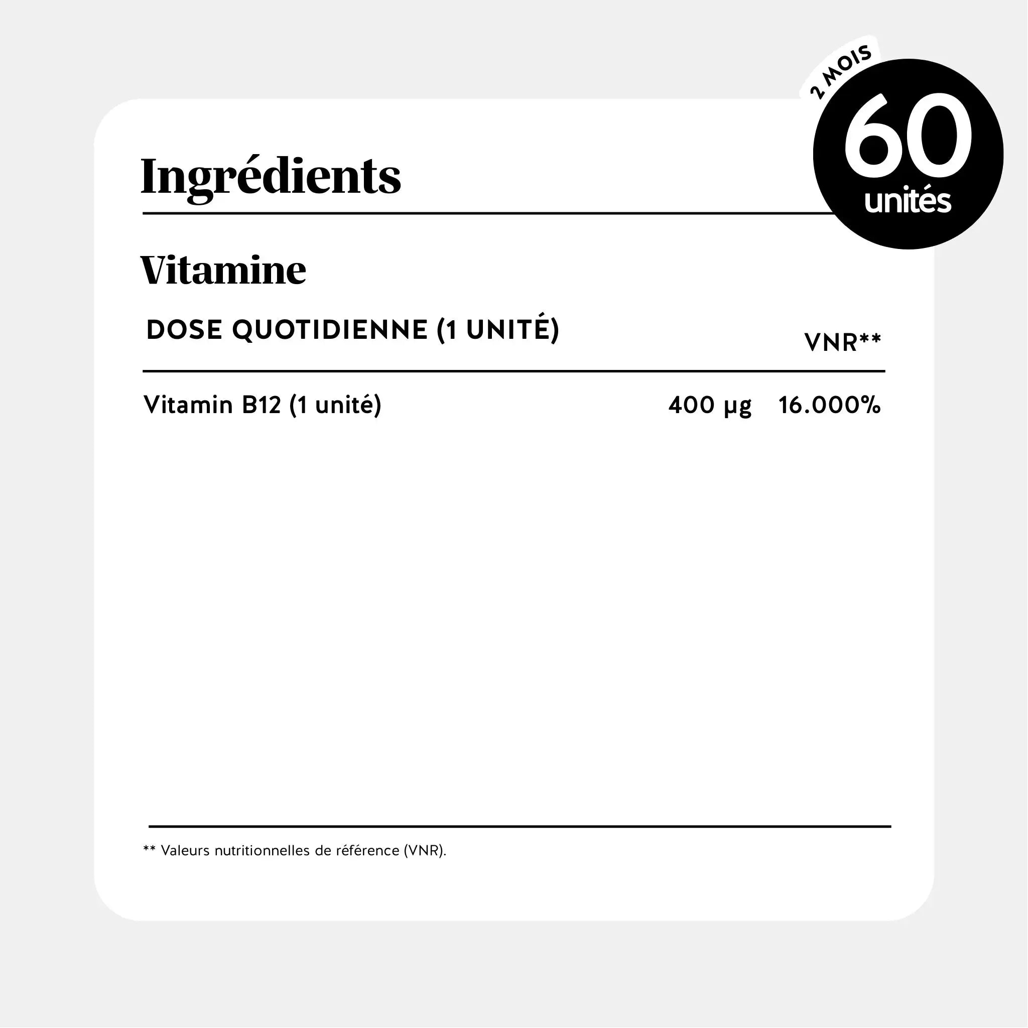 Tableau des ingrédients et valeurs nutritionnelles – 400 µg de vitamine B12 par gummy l Bears with Benefits