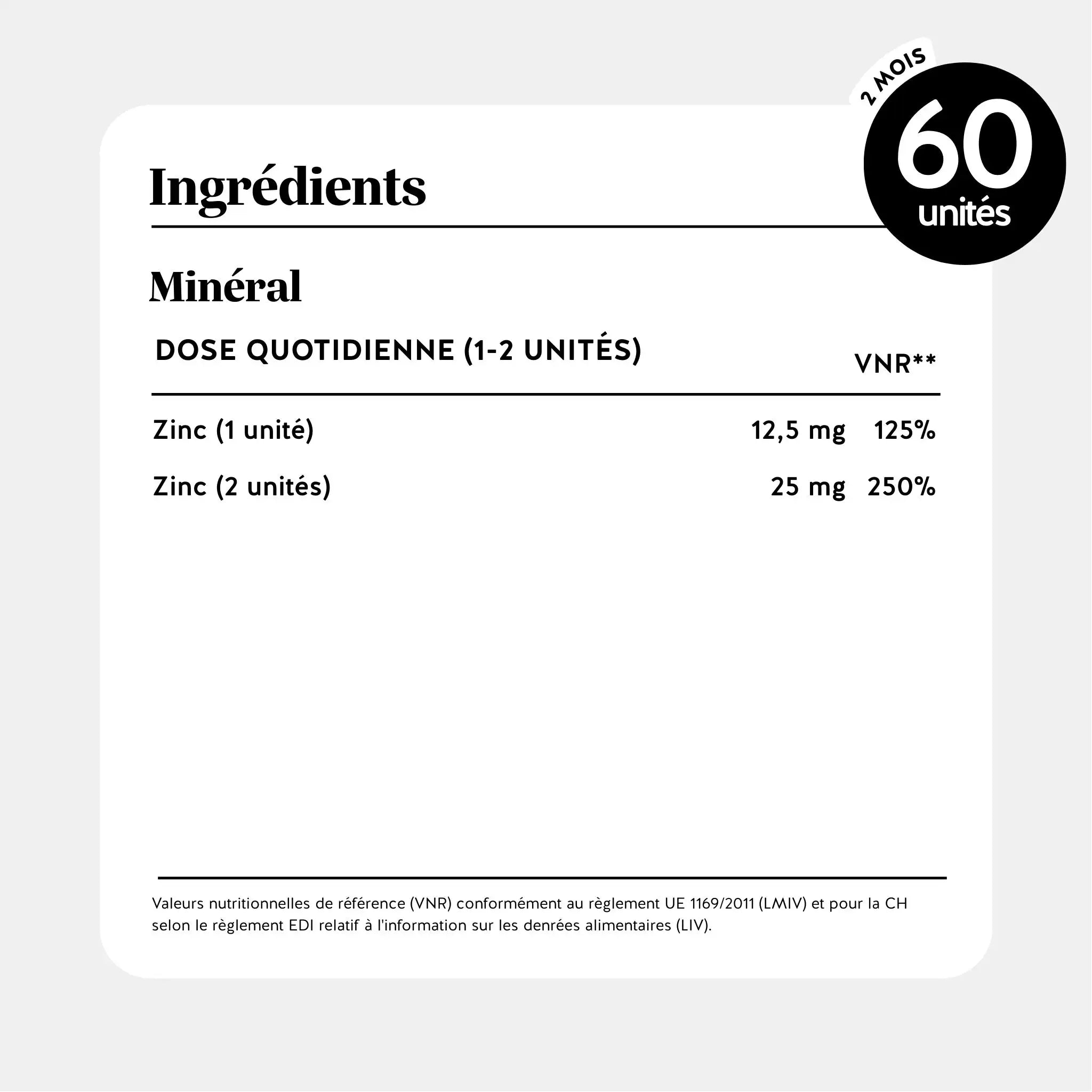 Tableau des ingrédients et apports nutritionnels des gummies zinc - 12,5 mg par unité, 60 gummies par sachet l Bears with Benefits
