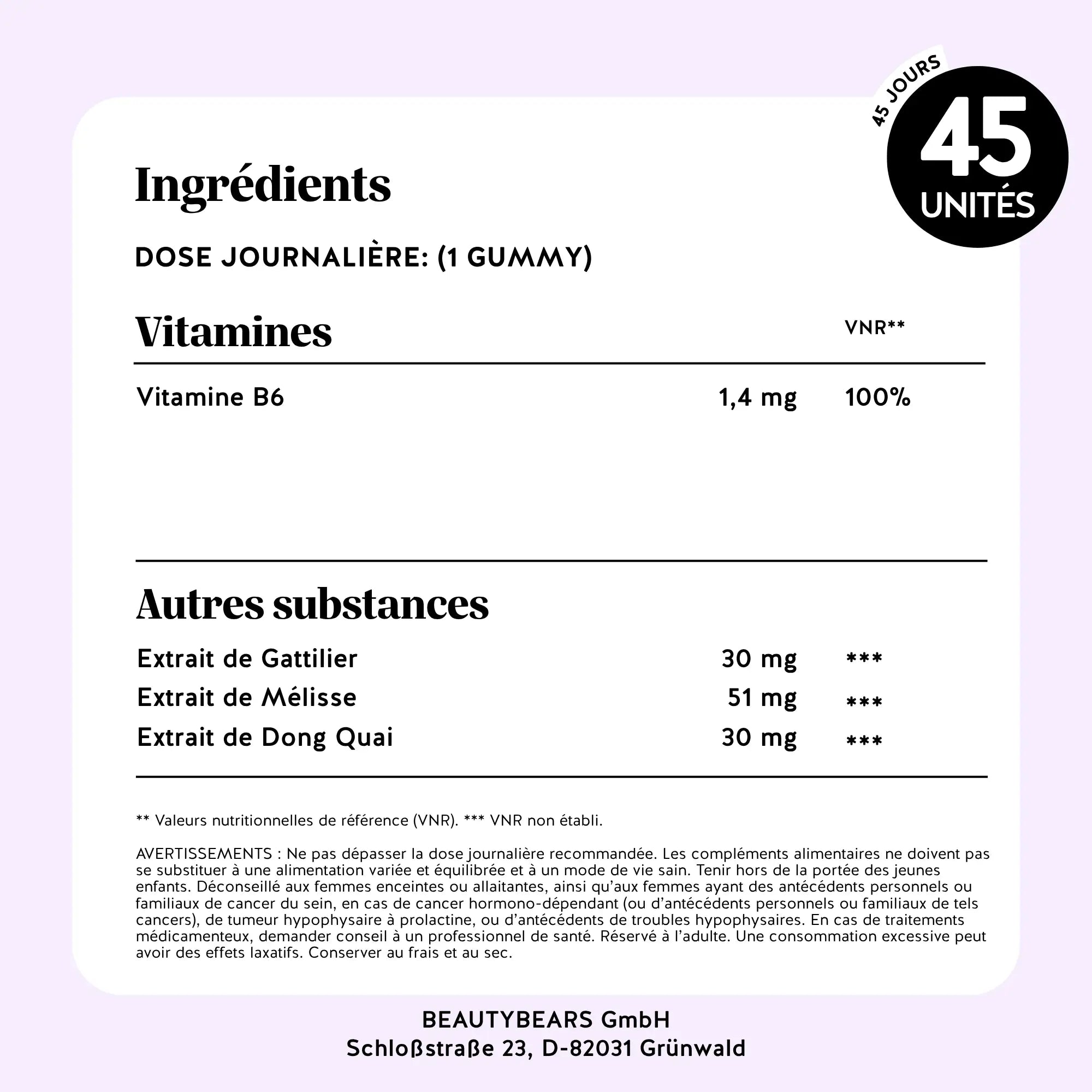 Valeurs nutritionnelles – Femm’tastique SPM, 45 gummies avec extrait de gattilier, mélisse et dong quai l Bears with Benefits