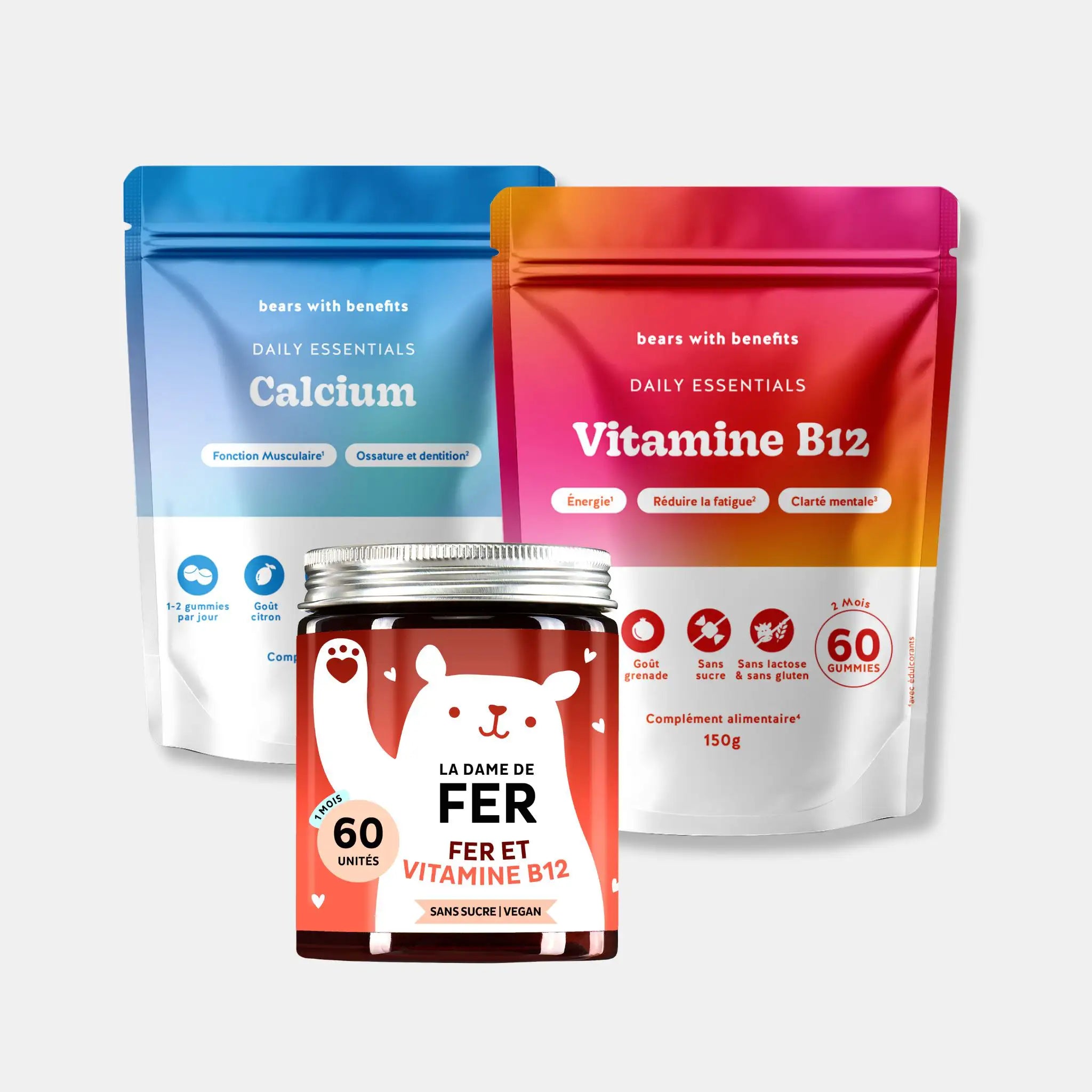 Vegan Set avec Calcium et Vitamine B12 avec le pot La Dame de Fer – soutien osseux, énergie et vitalité féminine avec gummies vegan sans sucre l Bears with Benefits