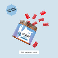 Boîte inclinée de gummies Zéro Distraction Clear Mind 45 unités avec gummies rouges autour, indication 1 gummy par jour et mention PET recyclé à 100 %. l Bears with Benefits