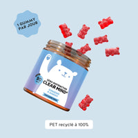Boîte inclinée de gummies Zéro Distraction Clear Mind 90 unités avec gummies rouges autour, indication 1 gummy par jour et mention PET recyclé à 100 %. l Bears with Benefits