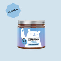 Boîte de gummies Zero Distraction Clear Mind Bears with Benefits au ginseng et ginkgo, 45 unités, sur fond bleu avec badge Nouveau et éléments brillants. 