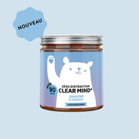 Boîte de gummies Zero Distraction Clear Mind Bears with Benefits au ginseng et ginkgo, 90 unités, sur fond bleu avec badge Nouveau et éléments brillants