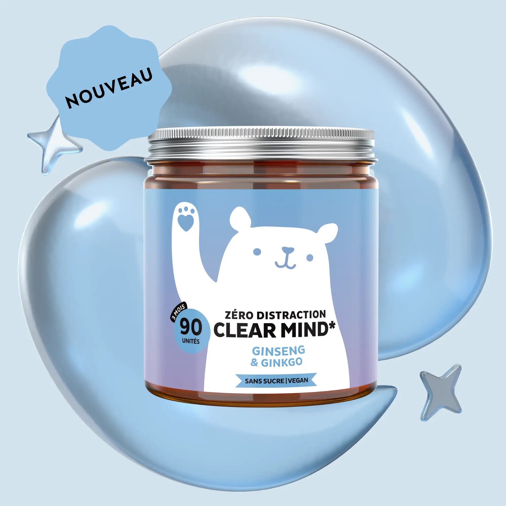 Boîte de gummies Zero Distraction Clear Mind Bears with Benefits au ginseng et ginkgo, 90 unités, sur fond bleu avec badge Nouveau et éléments brillants