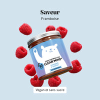 Boîte de gummies Zéro Distraction Clear Mind saveur framboise 90 unités entourée de framboises fraîches avec mention vegan et sans sucre